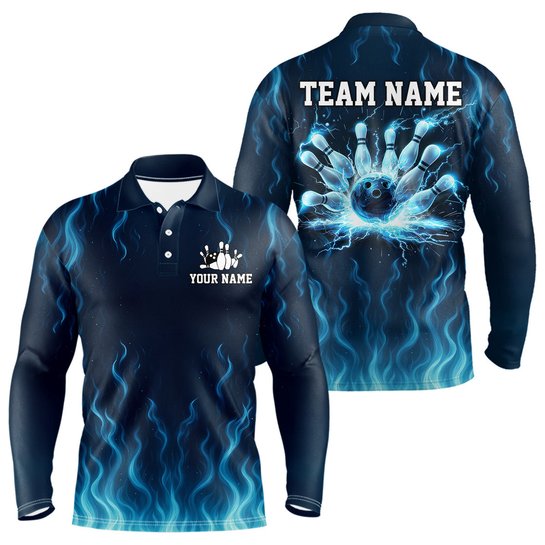 Blue flame lightning thunder Bowling polo, quarter zip shirts for men custom Bowling team jerseys NQS10387