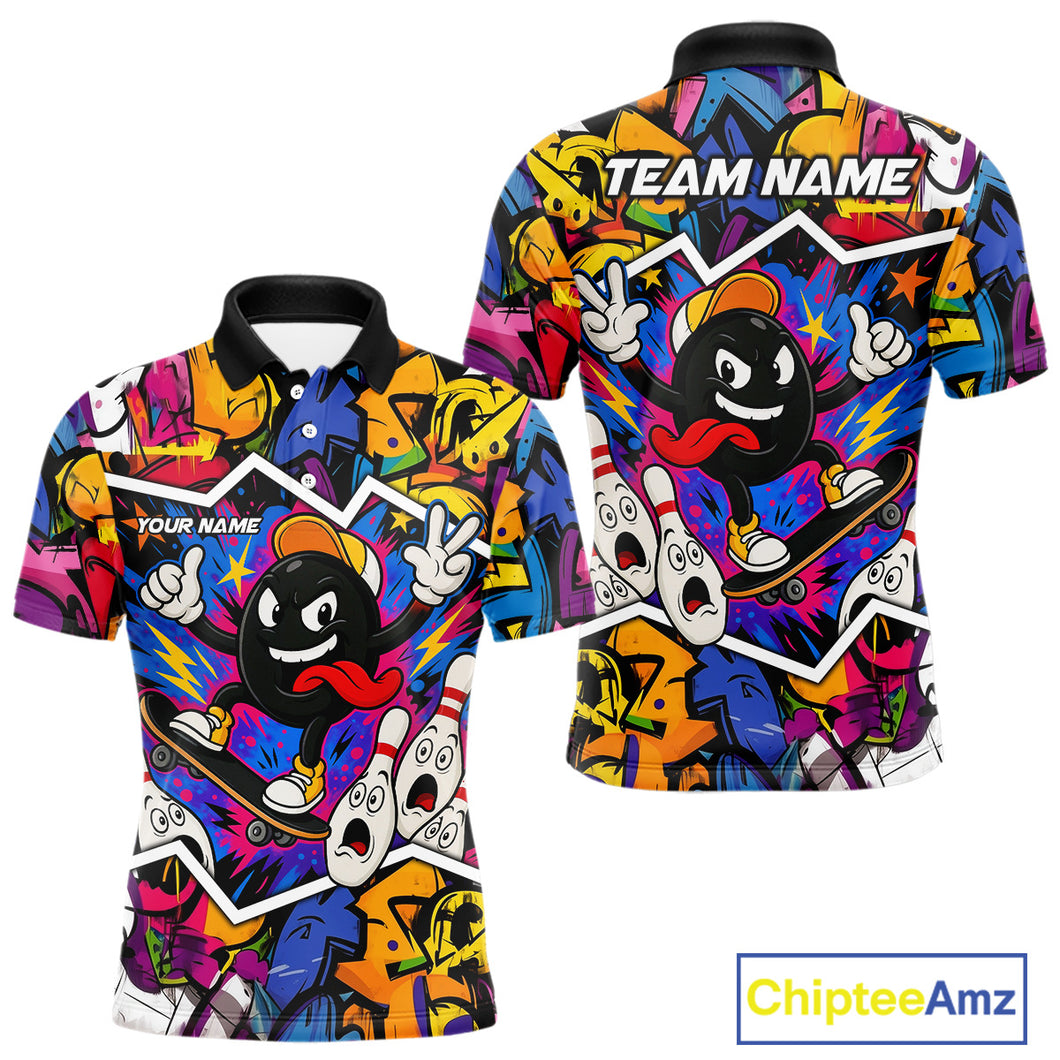 Colorful graffiti pattern Funny Bowling polo, quarter zip shirts for men custom Bowling team jerseys NQS10389