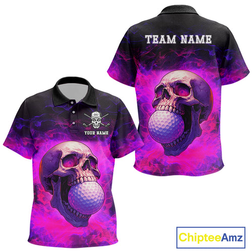 Custom Pink Flame Golf skull Halloween Kid golf polo shirt, Personalized Team Skull golf outfit NQS10400