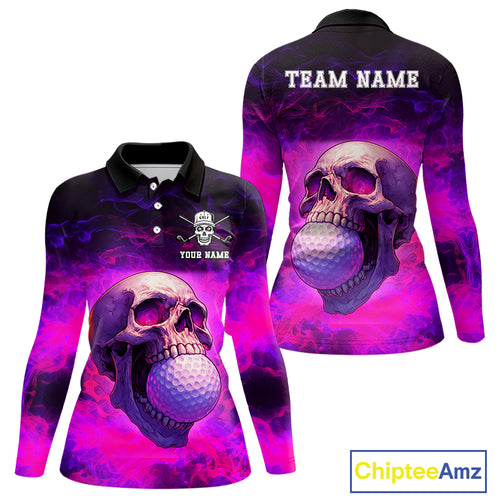 Custom Pink Flame Golf skull Halloween Women golf polo shirt, Personalized Team Skull golf outfit NQS10400