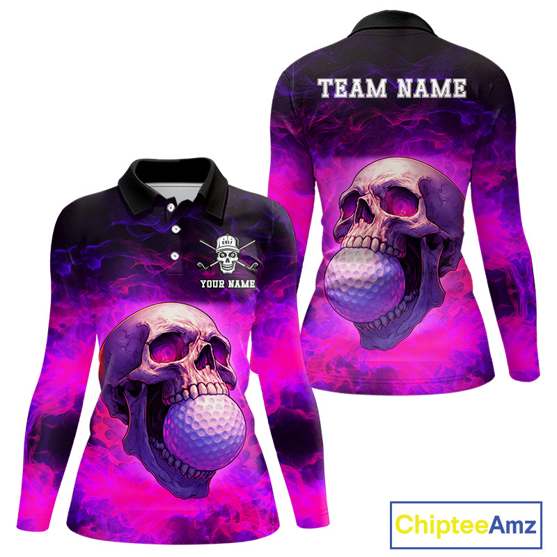 Custom Pink Flame Golf skull Halloween Women golf polo shirt, Personalized Team Skull golf outfit NQS10400
