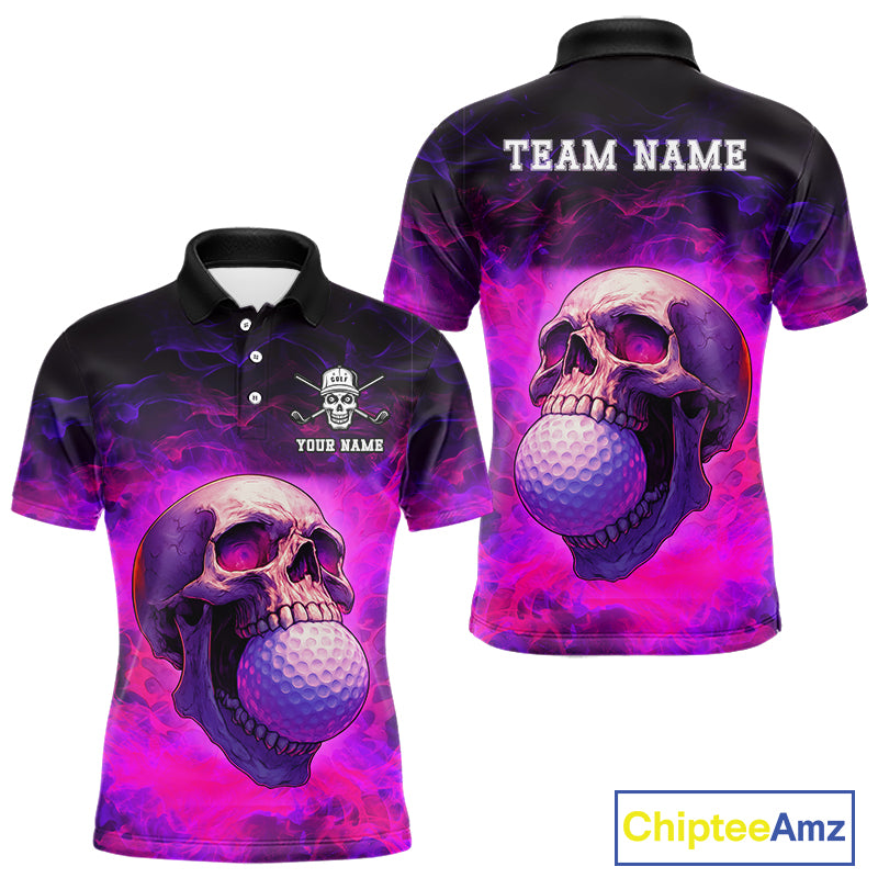Custom Pink Flame Golf skull Halloween Mens golf polo shirt, Personalized Team Skull golf outfit NQS10400