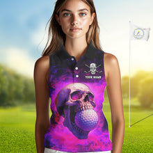 Load image into Gallery viewer, Custom Pink Flame Golf skull Halloween Sleeveless polo shirt, Personalized Team Skull golf outfit NQS10400