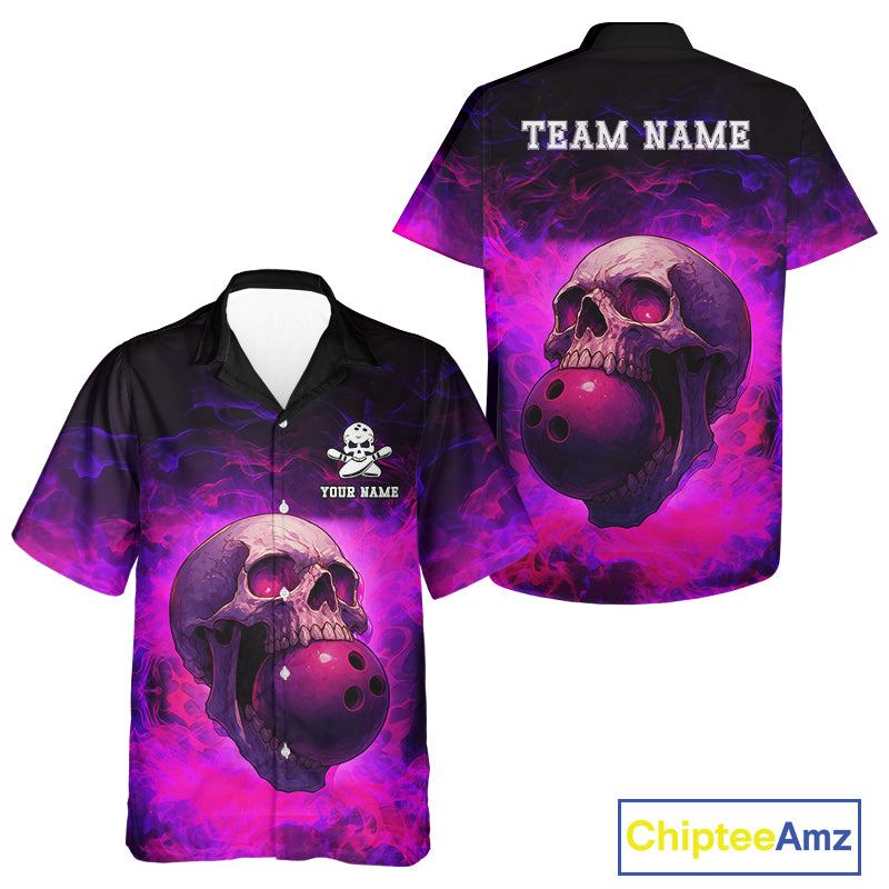 Custom Pink Flame Skull Halloween Bowling Hawaiian Shirt, Personalized Team Bowling Jersey outfit NQS10401