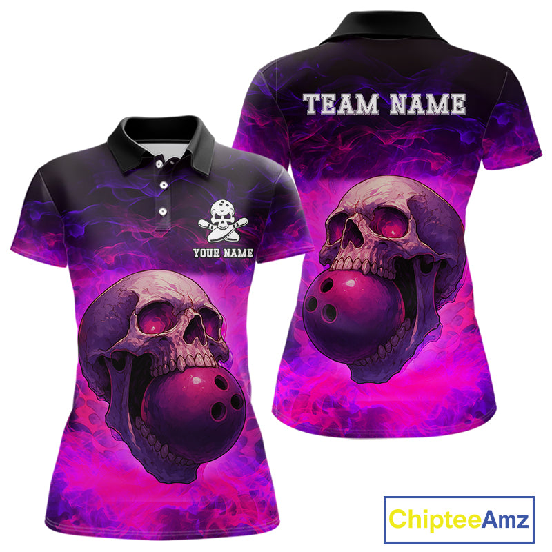 Custom Pink Flame Skull Halloween Bowling Shirts For Women, Personalized Team Bowling Jersey outfit NQS10401