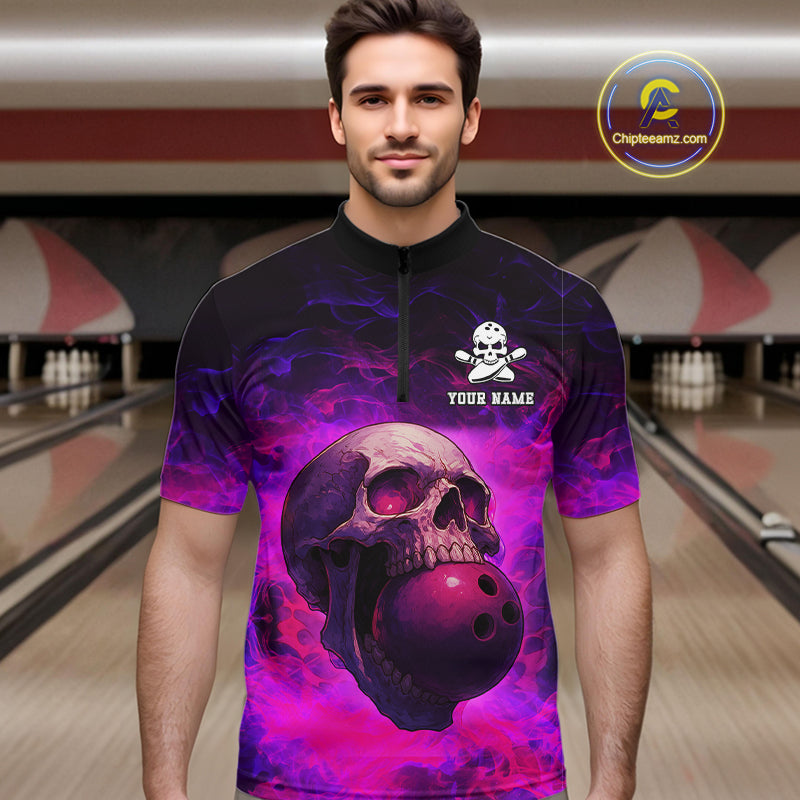 Custom Pink Flame Skull Halloween Bowling Shirts For Men, Personalized Team Bowling Jersey outfit NQS10401