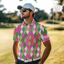 Load image into Gallery viewer, Pink and Green argyle pattern Mens golf polo shirt custom golf jerseys, personalized golf apparel NQS10408
