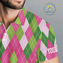 Load image into Gallery viewer, Pink and Green argyle pattern Mens golf polo shirt custom golf jerseys, personalized golf apparel NQS10408