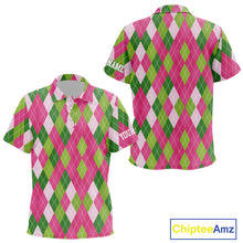 Load image into Gallery viewer, Pink and Green argyle pattern Kid golf polo shirt custom golf jerseys, personalized golf apparel NQS10408