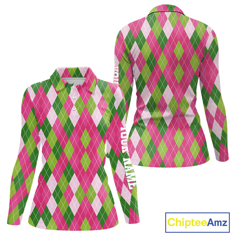 Pink and Green argyle pattern Women golf polo shirt custom golf jerseys, personalized golf apparel NQS10408