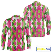 Load image into Gallery viewer, Pink and Green argyle pattern Mens golf polo shirt custom golf jerseys, personalized golf apparel NQS10408