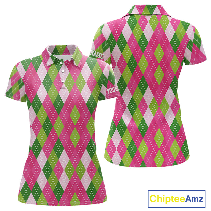 Pink and Green argyle pattern Women golf polo shirt custom golf jerseys, personalized golf apparel NQS10408