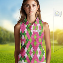 Load image into Gallery viewer, Pink and Green argyle pattern Women Sleeveless polos custom golf jerseys, personalized golf apparel NQS10408