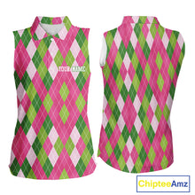 Load image into Gallery viewer, Pink and Green argyle pattern Women Sleeveless polos custom golf jerseys, personalized golf apparel NQS10408