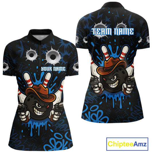 Funny Black and Blue Bowling Cowboy gun Women bowling polo, 1/4 zip shirts Custom bowling team jersey NQS10617