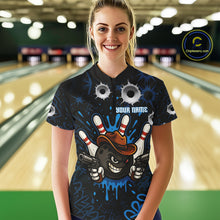 Load image into Gallery viewer, Funny Black and Blue Bowling Cowboy gun Women bowling polo, 1/4 zip shirts Custom bowling team jersey NQS10617