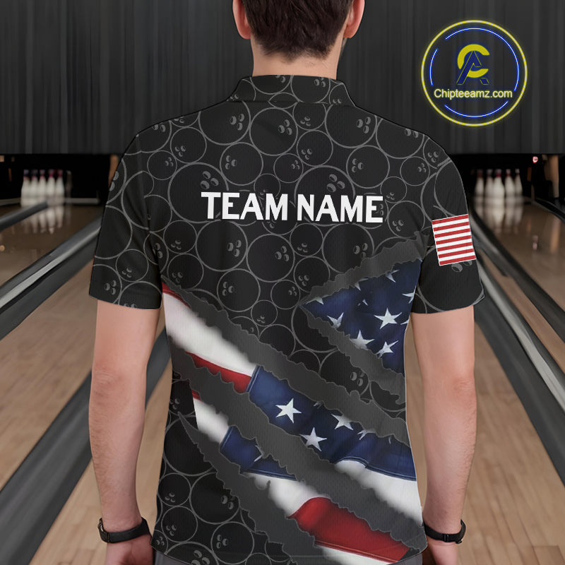 American Flag Mens Bowling Shirt Custom Bowling Jersey for Team Patriotic Bowlers Polo, 1/4 zip Shirt NQS10427