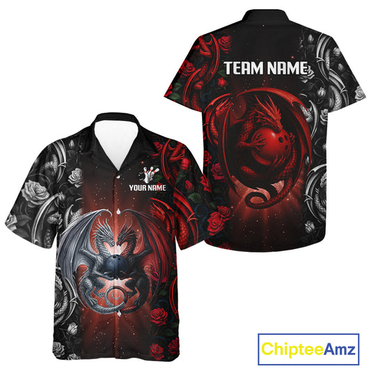 Red Dragon Roses Pattern Custom Bowling Hawaiian Shirts For Men, Dragon Bowling League Shirt NQS10626