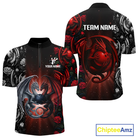 Red Dragon Roses Pattern Custom Bowling Polo, Quarter Zip shirts For Men, Dragon Bowling League Shirt NQS10626