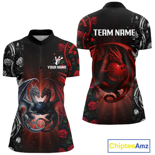 Red Dragon Roses Pattern Custom Bowling Polo, 1/4 Zip shirts For Women, Dragon Bowling League Shirt NQS10626