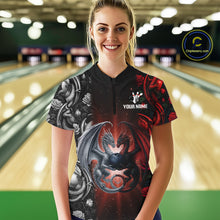 Load image into Gallery viewer, Red Dragon Roses Pattern Custom Bowling Polo, 1/4 Zip shirts For Women, Dragon Bowling League Shirt NQS10626