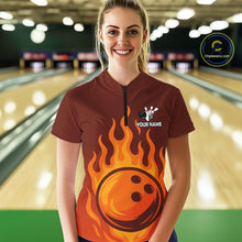 Load image into Gallery viewer, Orange Flame Bowling Polo, Quarter Zip Shirts for Women Custom Bowling Team League Jersey NQS10445