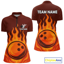 Load image into Gallery viewer, Orange Flame Bowling Polo, Quarter Zip Shirts for Women Custom Bowling Team League Jersey NQS10445