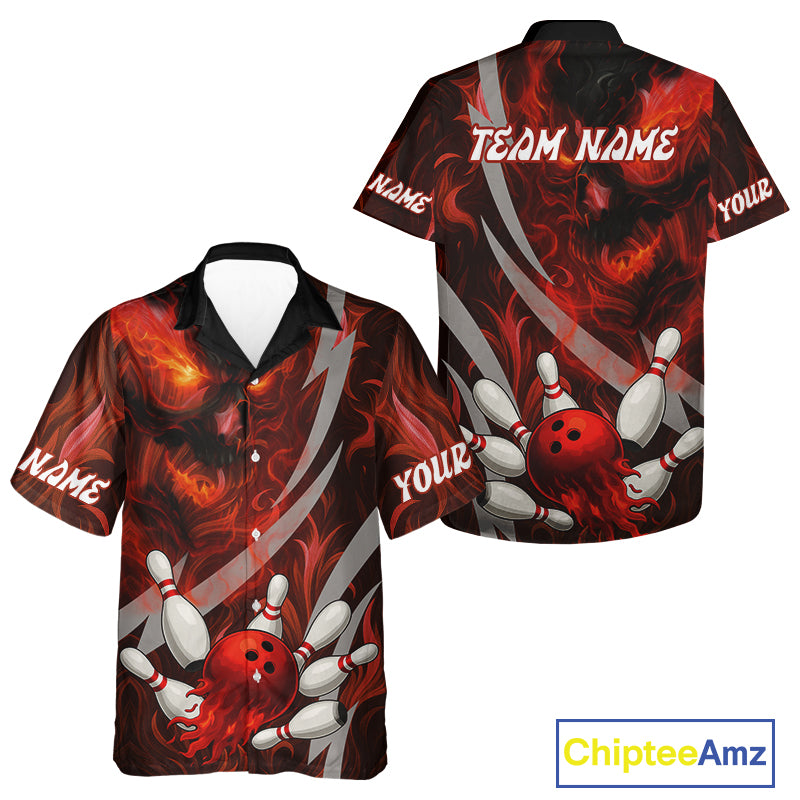 Red Flame Skull Bowling Hawaiian Shirt Custom Halloween Team Bowling Outfit NQS10636