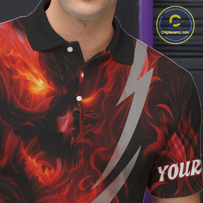 Red Flame Skull Bowling Polo, Quarter Zip shirts For Men Custom Halloween Team Bowling Outfit NQS10636