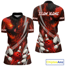 Load image into Gallery viewer, Red Flame Skull Bowling Polo, Quarter Zip shirts For Women Custom Halloween Team Bowling Outfit NQS10636