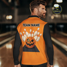 Load image into Gallery viewer, Orange and Black Halloween Retro Bowling Polo, 1/4 Zip Shirts For Men Custom Bowling Team Shirt NQS10464