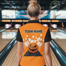 Load image into Gallery viewer, Orange and Black Halloween Retro Bowling Polo, 1/4 Zip Shirts For Women Custom Bowling Team Shirt NQS10464