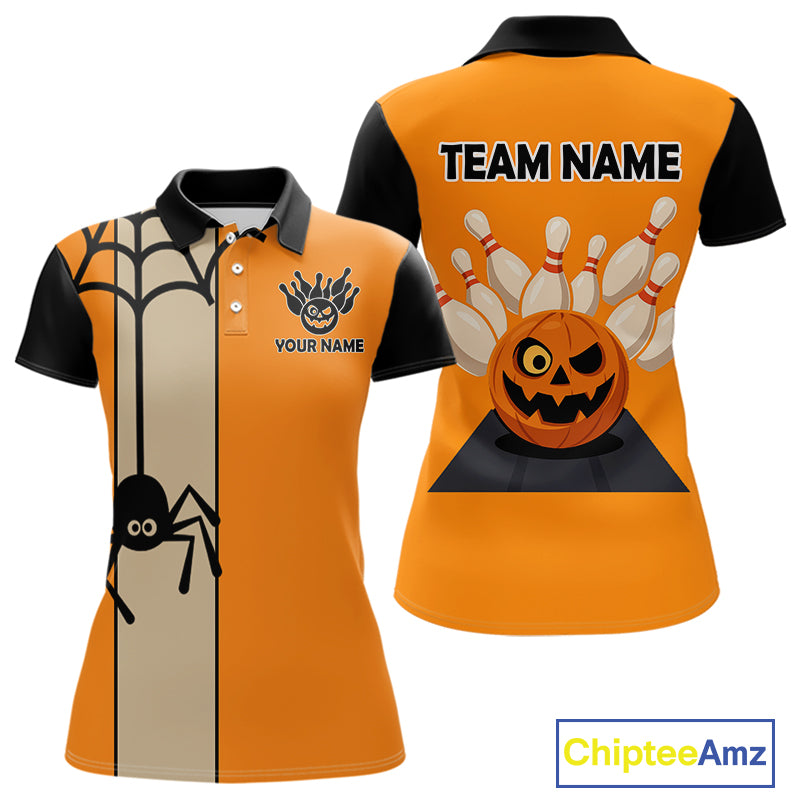 Orange and Black Halloween Retro Bowling Polo, 1/4 Zip Shirts For Women Custom Bowling Team Shirt NQS10464