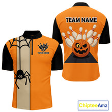 Load image into Gallery viewer, Orange and Black Halloween Retro Bowling Polo, 1/4 Zip Shirts For Men Custom Bowling Team Shirt NQS10464