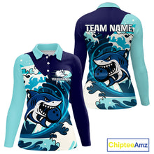 Load image into Gallery viewer, Custom Blue Shark Bowling Polo, Quarter Zip Shirts For Ladies, Personalized Shark Bowling Team Shirt NQS10469