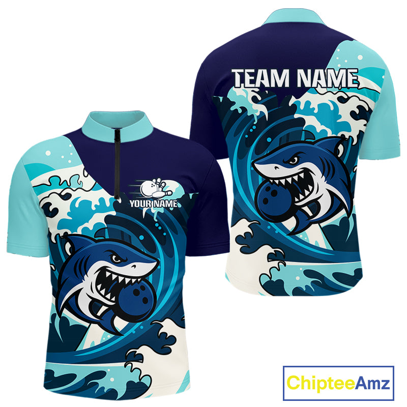 Custom Blue Shark Bowling Polo, Quarter Zip Shirts For Men, Personalized Shark Bowling Team Shirt NQS10469