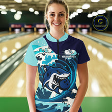 Load image into Gallery viewer, Custom Blue Shark Bowling Polo, Quarter Zip Shirts For Ladies, Personalized Shark Bowling Team Shirt NQS10469
