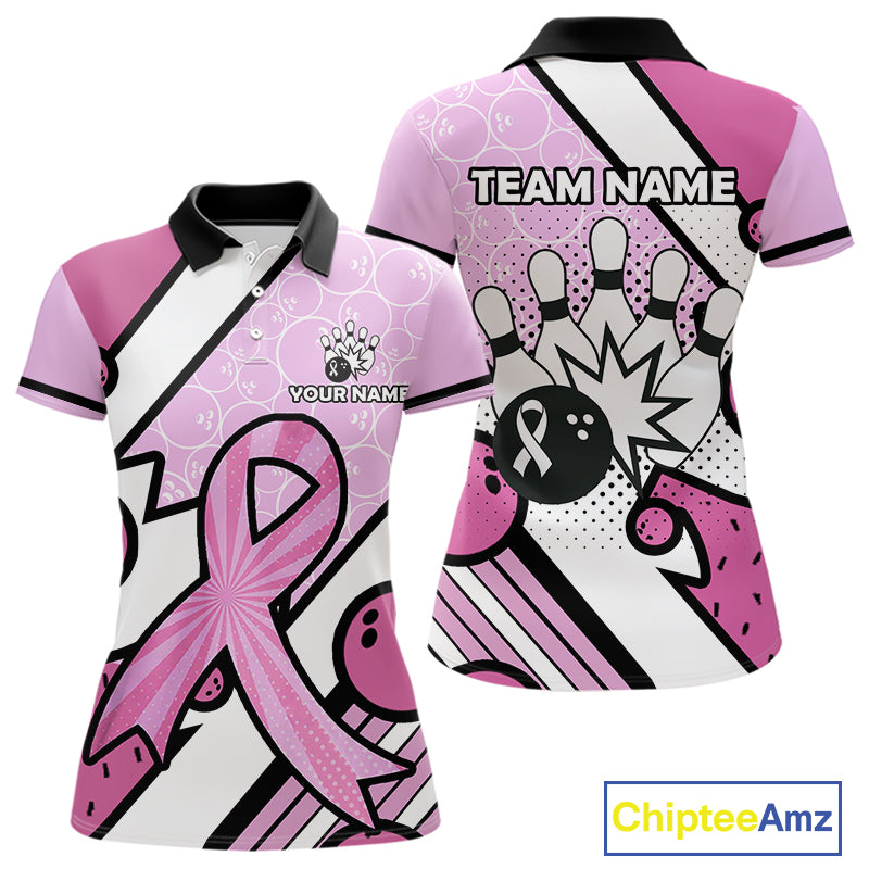Personalized Pink Ribbons Camo Bowling Shirts For Women, Custom breast cancer bowling Team shirts NQS10533