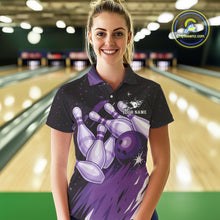 Load image into Gallery viewer, Custom Black &amp; Purple Galaxy Bowling Team Polo, 1/4 Zip Shirt For Women, Personalized Bowling Jerseys NQS10544