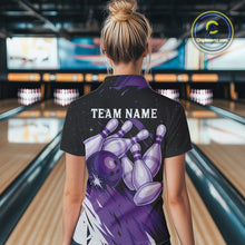 Load image into Gallery viewer, Custom Black &amp; Purple Galaxy Bowling Team Polo, 1/4 Zip Shirt For Women, Personalized Bowling Jerseys NQS10544