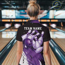 Load image into Gallery viewer, Custom Black &amp; Purple Galaxy Bowling Team Polo, 1/4 Zip Shirt For Women, Personalized Bowling Jerseys NQS10544