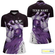 Load image into Gallery viewer, Custom Black &amp; Purple Galaxy Bowling Team Polo, 1/4 Zip Shirt For Women, Personalized Bowling Jerseys NQS10544