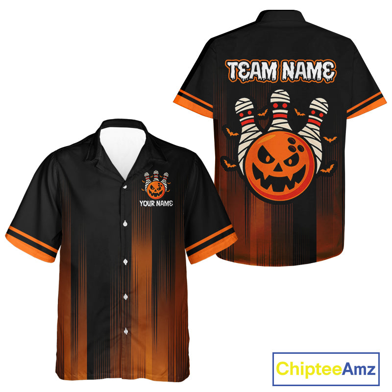Custom Orange and Black Funny Pumpkin Ball pins Bowling Hawaiian shirt, Halloween Bowling Outfit NQS10564