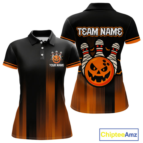Custom Orange and Black Funny Pumpkin Ball pins Women Bowling Team Shirts, Halloween Bowling Outfit NQS10564