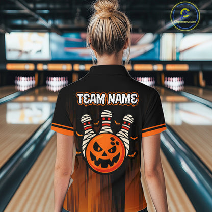 Custom Orange and Black Funny Pumpkin Ball pins Women Bowling Team Shirts, Halloween Bowling Outfit NQS10564