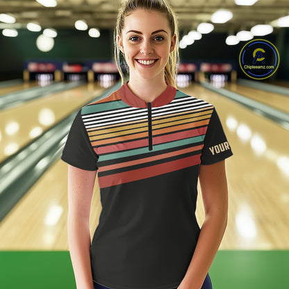 Retro Bowling Polo, Quarter Zip Shirt for Women Custom Vintage Team Bowling Jersey, Gift For Bowlers NQS10567
