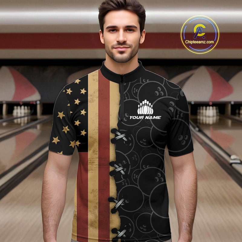 Vintage American Flag Black Bowling Camo Retro Bowling shirts for Men Custom Team bowling jersey NQS10584