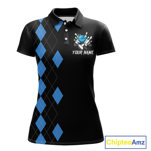 Black and Blue argyle womens bowling shirts custom team bowling jerseys women's bowling outfits NQS11404