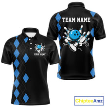 Load image into Gallery viewer, Black and Blue argyle bowling polo shirts, 1/4 zip shirt for men Custom team bowling jerseys men NQS11404