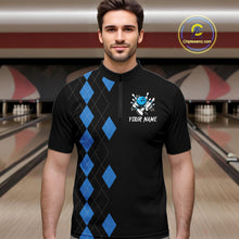 Load image into Gallery viewer, Black and Blue argyle bowling polo shirts, 1/4 zip shirt for men Custom team bowling jerseys men NQS11404